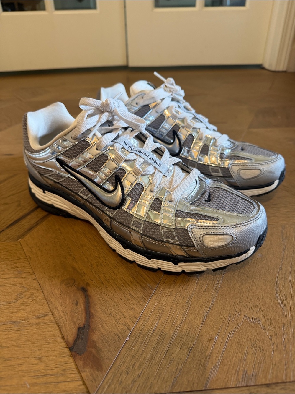 Nike P-6000 Men's Silver and White Running Sneakers with Black Swoosh 336893